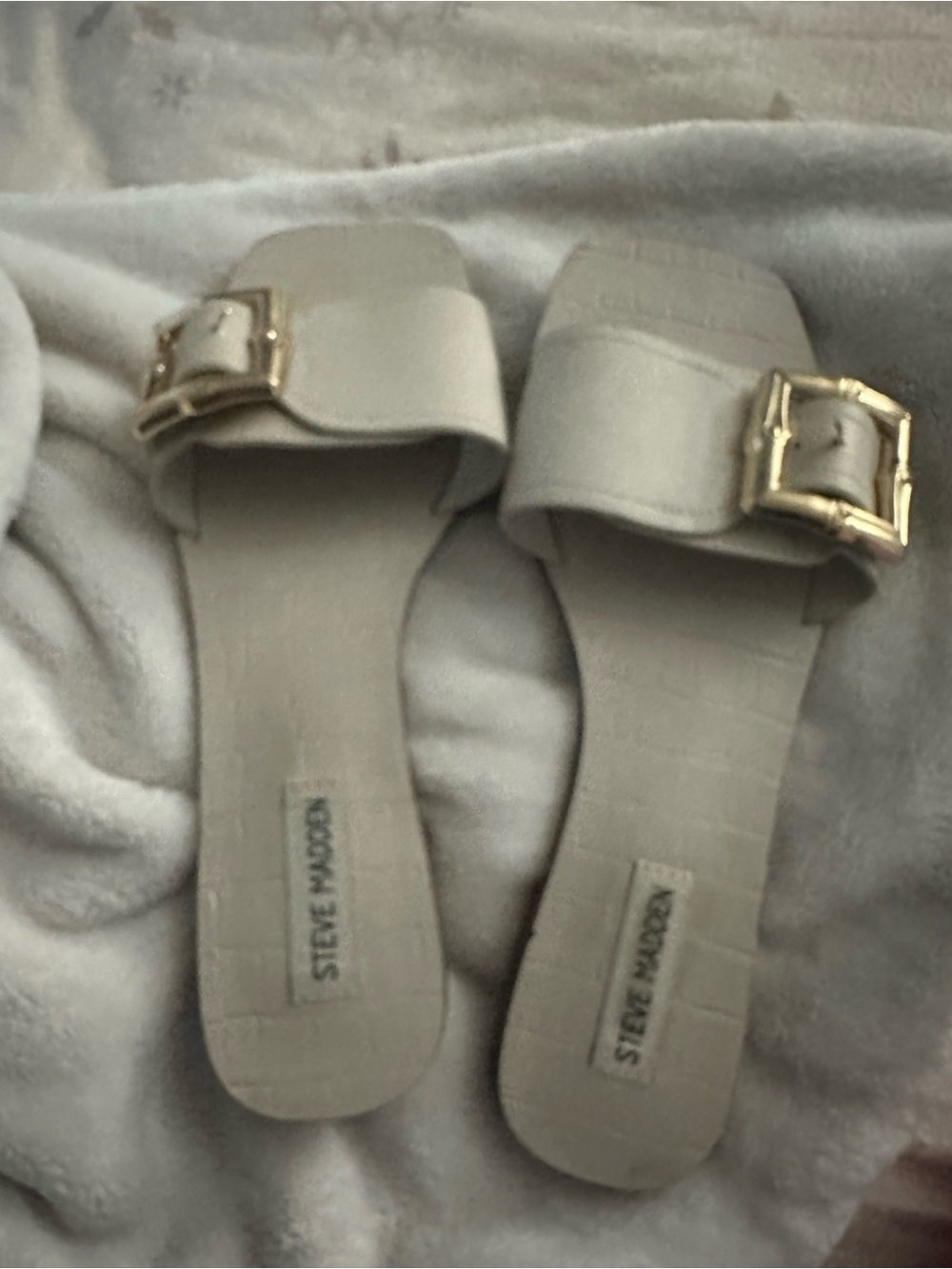 Steve Madden Cream Slide Mules with Gold Buckle Detail